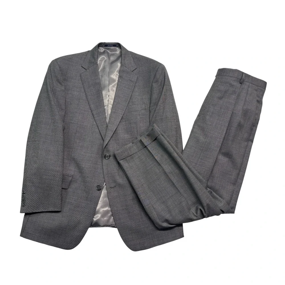 Hart Schaffner Marx 42R 36x32 Gray Micro Nailhead 2pc Pant Suit Pleated USA Wool